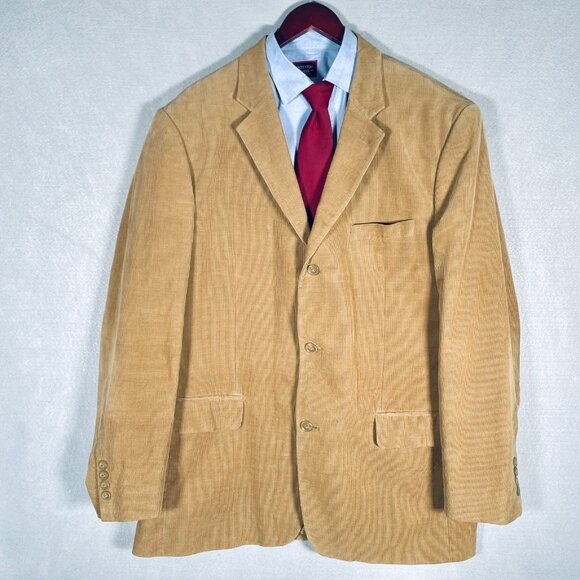 Tasso Elba Corduroy Blazer Mens 46L Tan Cotton Sport Coat Smoking Jacket - Picture 1 of 11